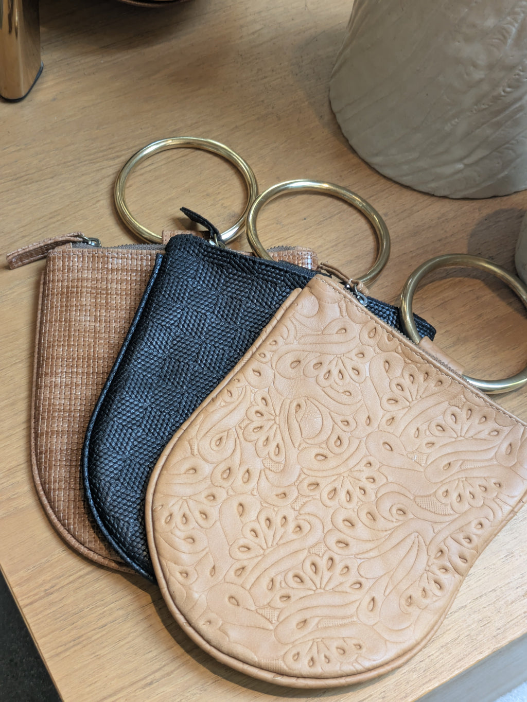 Kim White - Leather Mini Ring Wristlet - Neutrals